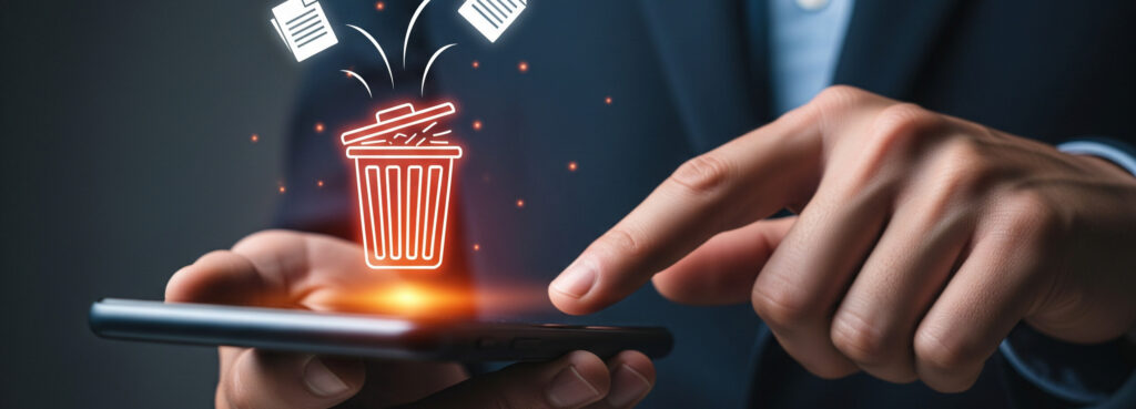 Person using a smartphone with a glowing trash bin icon and flying documents, symbolizing deleting files on mobile