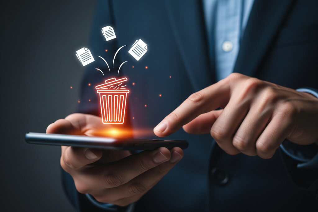 Hands holding a smartphone with a glowing red trash can icon and flying paper documents, symbolizing deleting files on mobile.