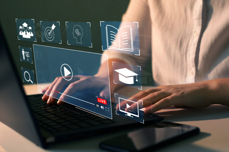 Person who attends online lessons on a digital screen.E-learning
